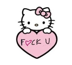 a hello kitty holding a pink heart with the word f x u on it's side