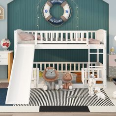 a child's room with bunk beds and toys