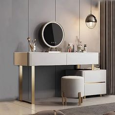 a white vanity with a mirror and stool in a living room area next to a window