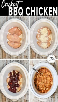 four pictures show the steps to make bbq chicken