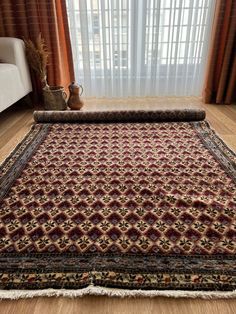 a large rug on the floor in front of a window