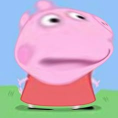 peppa the pig is standing in front of a blue sky and green grass area