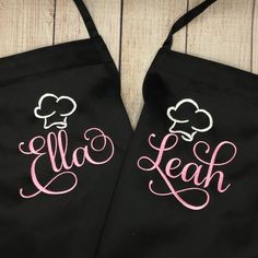 Personalized aprons for sisters swirly name Personalized Aprons For Women, Black Chef, Matching Aprons, Girl Apron, Pink Thread, Black Apron, Embroidered Apron, Apron With Pockets, Custom Aprons