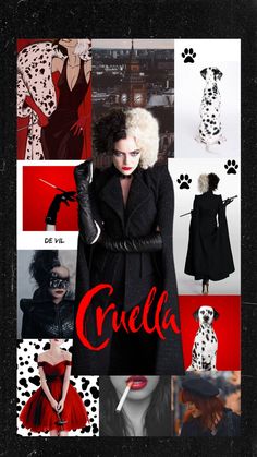 a collage of photos with the words cruela written in red and black on it