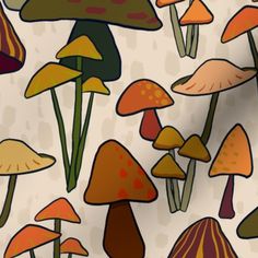 a group of mushrooms on a white background with orange and yellow colors, all grouped together