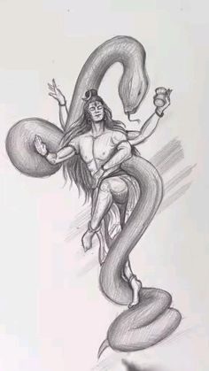 a pencil drawing of a woman riding a snake