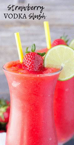 strawberry vodka slush with lime and strawberries