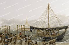 an old painting of people standing on the beach next to a boat with two masts