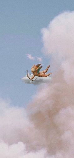 there is a painting of a woman flying in the sky with an angel on her back