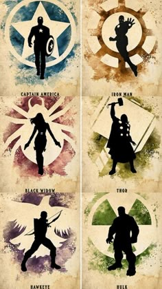 four different silhouettes of the avengers and captain america characters