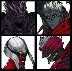 four different images of the same character in an animated video game, one with red eyes and