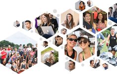 a group of people standing next to each other in front of a white background with hexagons