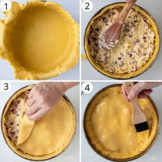 four pictures showing how to make a pie crust with cheese and other ingredients in it