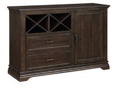 an entertainment center with two drawers and one door on the side, in dark brown wood