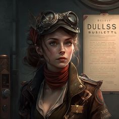 a woman in steampunk clothing standing next to a sign that reads dulls bustlet