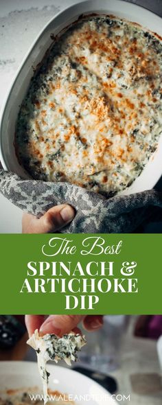 spinach and artichoke dip in a white casserole dish on a plate