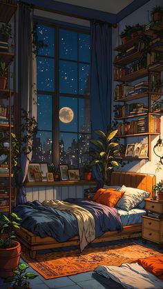 The image is an illustration of a bedroom with a large window that offers a view of the city at night. The window is covered with a black curtain and has a full moon visible in the top right corner. The room is decorated with various plants and bookshelves on either side of the window. In the center of the room, there is a bed with an orange comforter and pillows, a nightstand with a lamp, and a bookshelf with books and other decorative items. The walls are painted in a dark blue color and there Bedroom With City View, Studio Ghibli Background, Arte 8 Bits, Dreamy Landscapes, Pretty Backgrounds, Cool Wallpapers Cartoon