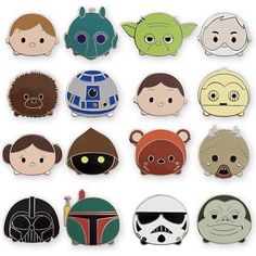 star wars pin badges with different faces and characters in the same style, all on white background