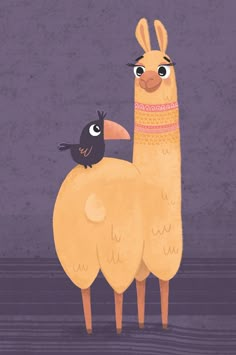 two llamas standing next to each other in front of a purple background with a bird on top