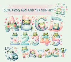 cute frog abc and 123 clipart font with numbers for children's room or nursery decor