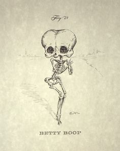 a drawing of a skeleton carrying a human skull with the caption betty roop