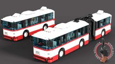 two red and white buses sitting next to each other on a gray background with the words lego city