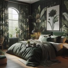 a bedroom with green walls and curtains