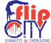 the logo for filip city gymnastics and cheerleadering club, with an image of a man doing a handstand