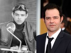 a man in a suit and tie next to an old black and white photo of him