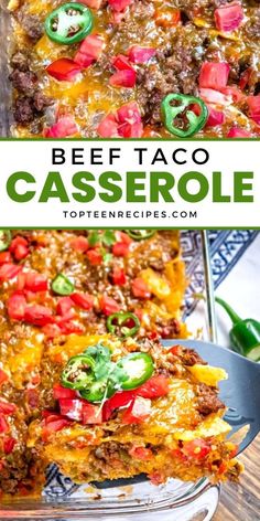 beef taco casserole with cheese and peppers