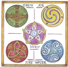 four different types of celtic symbols with the words earth air, spirit and fire water