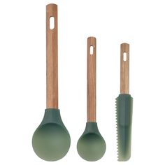 three green kitchen utensils with wooden handles and spoons on each one side