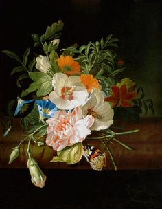 a painting of flowers in a vase with a butterfly sitting on it's side