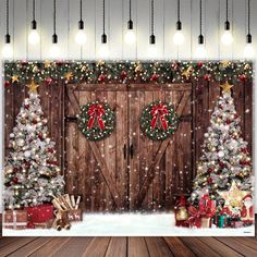 a christmas scene with two doors and presents in front of the door is snow covered trees