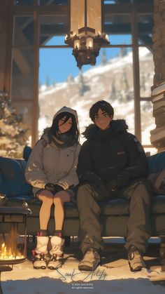 a man and woman sitting on a couch in front of a window with snow covered mountains behind them