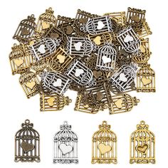 lots of gold and silver metal birdcages with hearts in the cage on white background