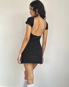 Black Lycra Backless Mini Dress | Wangi – motelrocks-com-us Lycra Dress, Girls In Mini Skirts, Summer Bodycon Dress, Boat Neck Dress, Black Satin Dress, Bandeau Dress, Year 3, Backless Mini Dress, Backless Design