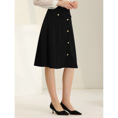 Incorporating this classic button-front skirt with an A-line cut into your wardrobe can elevate your everyday look to new heights. The charming decor button design adds a touch of elegance, making it suitable for any age and occasion. You can easily dress it up with a stylish ankle boot and a fitted knit or a fancy tie-neck shirt to add a touch of glamour to your outfit. Don't be afraid to experiment with different styles and make this versatile skirt a staple in your wardrobe. Elegant Skirt With Side Buttons, Elegant Office Skirt With Side Buttons, Knee-length Skirt With Side Buttons For Work, Formal Knee-length Bottoms With Buttons, Knee-length Skirt With Button Closure, Knee-length Denim Skirt With Button Closure, Chic A-line Skirt With Button Closure, Formal Knee-length Skirt With Buttons, Knee-length Office Skirt With Button Closure