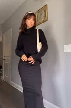 Black Dress White Sweater Outfit, Long Black Skirt Outfit Business Casual, Pencil Skirt Black Outfit, Long Black Maxi Dress Outfit Fall, Black Ribbed Skirt Outfit Winter, Black Ribbed Pencil Skirt Outfit, Long Skirt Fits Fall, Black Long Maxi Skirt Outfits, Long Skirt Looks Winter