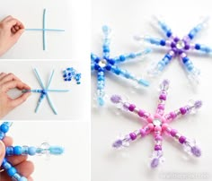 the process for making beaded snowflakes is shown in three different stages, including one being made from beads