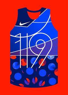 a blue and red tank top with the number nine on it's chest, in front of a red background