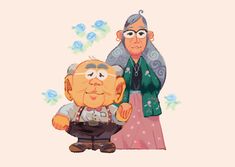 an old man and woman standing next to each other, with flowers in the background