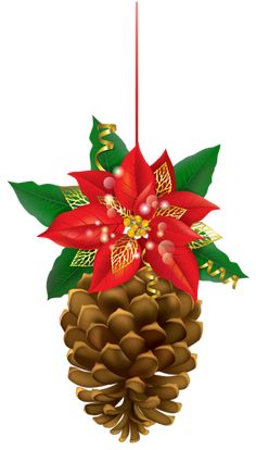 a christmas ornament with poinsettia and pine cones hanging from it