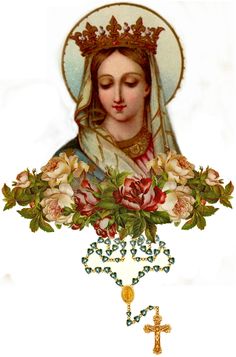 an image of the virgin mary with flowers and a cross on it's neck