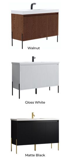 three different types of vanitys with black, white and walnut finishes on them in various colors