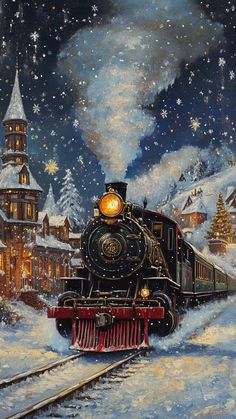 a painting of a train traveling down the tracks in front of a snow covered town