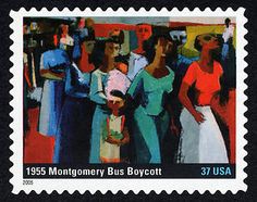 a postage stamp with an image of women and children in the crowd, from 1953 montgomery bus boycott