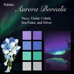 the aurora borells navy, violet, cobalt, sea foam and silver color palette