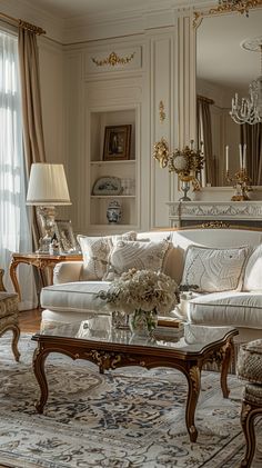 a living room filled with furniture and a chandelier