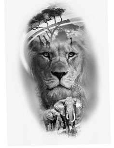 an artistic photo of a lion in black and white with the background painted to look like it's from africa